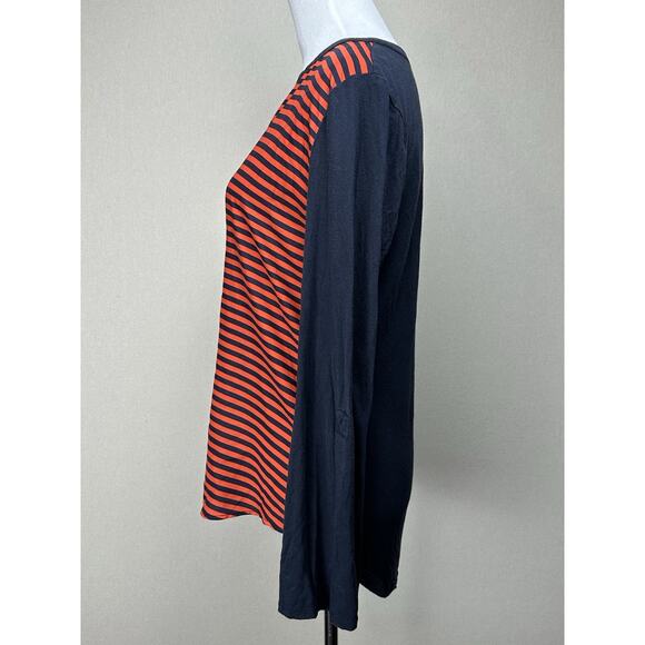 Michael Kors Women’s Sz L Navy Orange Striped Top Long Sleeve V-Neck - Picture 7 of 15